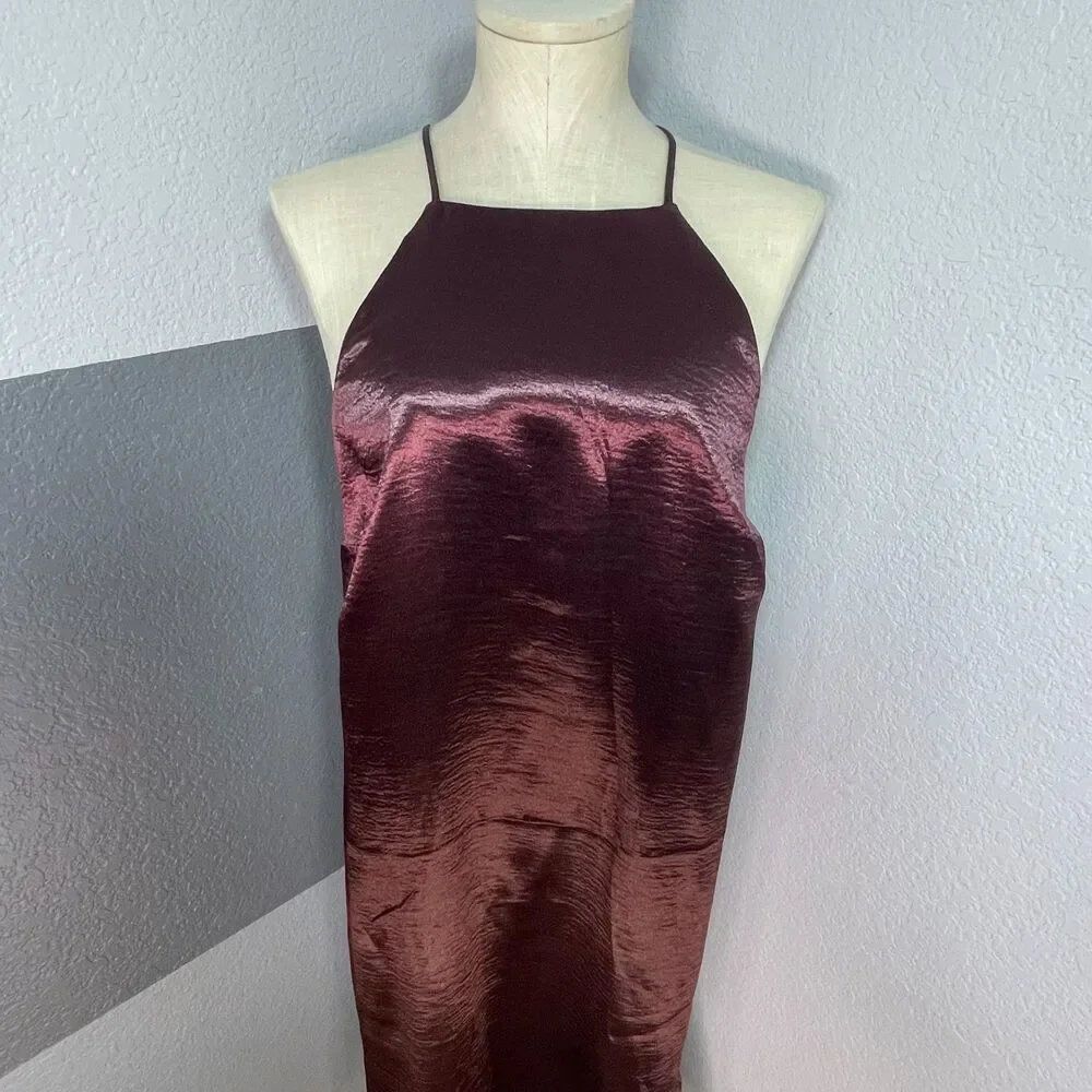 A New Day Medium Liquid‎ Satin Halter Midi Slip Dress Burgundy Plum, Minimalist